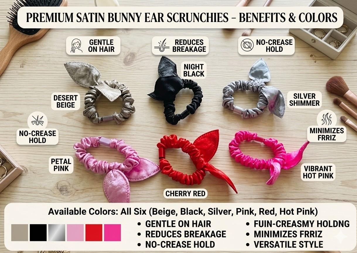 Premium Satin Bunny Ear Scrunchies Set by KKUMANISHKA