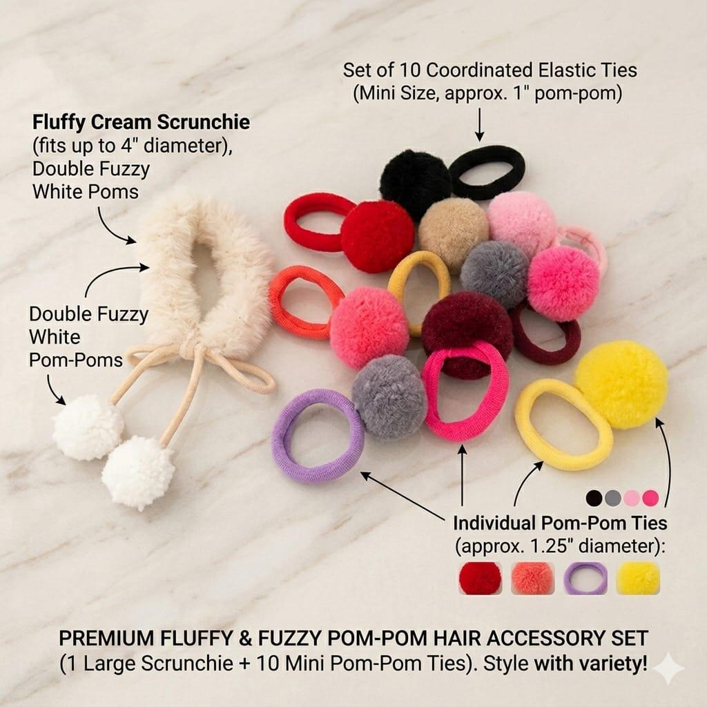 Fluffy Pom-Pom Hair Accessories Set by KKUMANISHKA